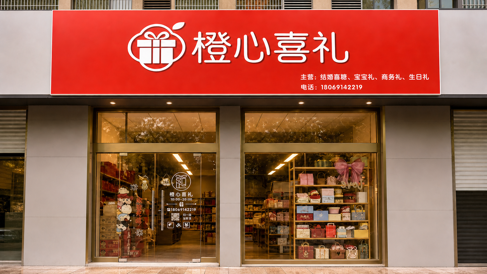 橙心喜礼宁波鄞州区三池路24号门店形象图，基于实拍优化